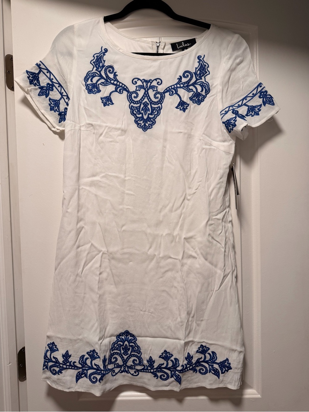 Lulu's White Shift Dress with Blue Embroidered Trim